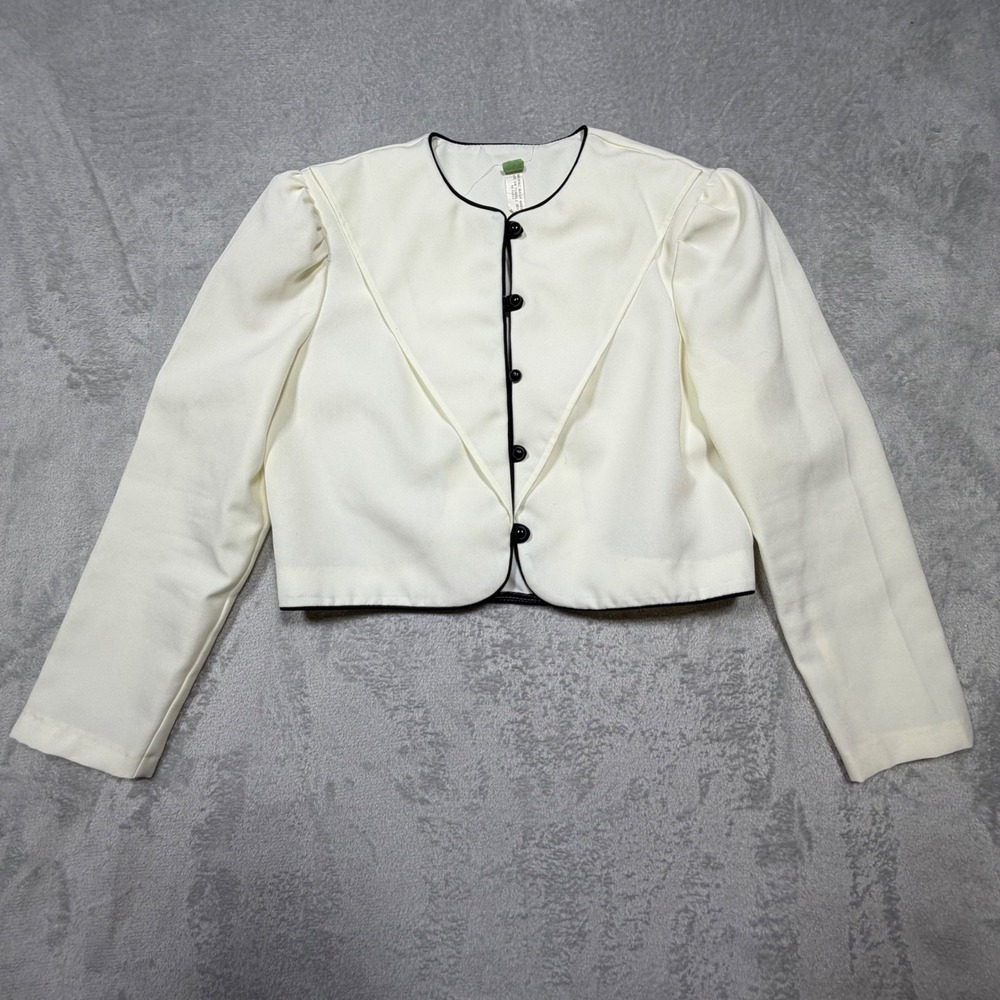 Vintage 80s White‎ Polyester Cropped Bolero Jacket Contrast Piping Size S 10